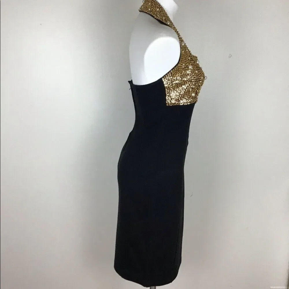 Outlander Studio Gold  Sequence Dress With White Pearls And Black  Bottom size M